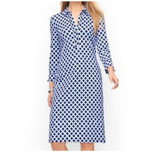 Women's Talbots Petite SP Blue White Geometric Knit Midi Shirt Dress